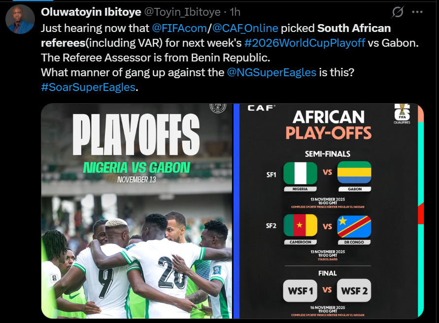 Nigerians cry out after South African referees were appointed to officiate Nigeria's World Cup playoff match